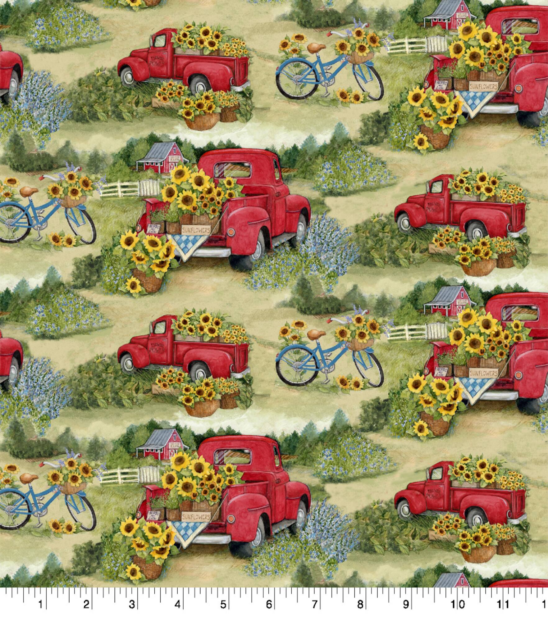 Susan Winget Red Truck & Bicycles Cotton Fabric